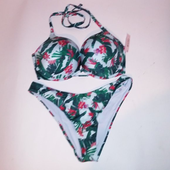 Victoria Secret Swim Bikini 38D Top XL Bottom Blue Green Leaves Bombshell Push U - Picture 3 of 10